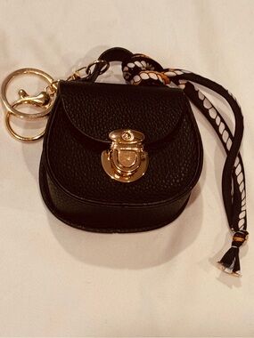 Black Mini Leather Keychain Bag with Gold Hardware NWT